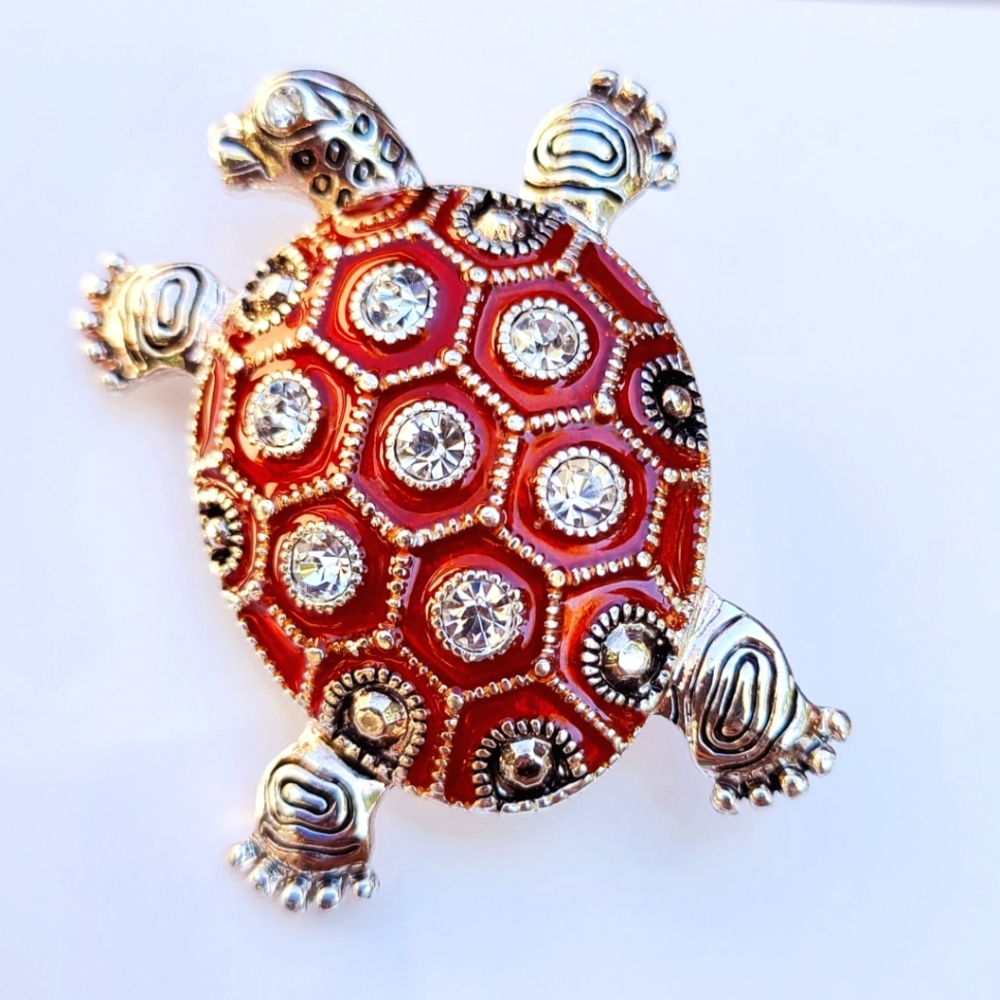 Vintage Crystal Red Silver Turtle Brooch Pin